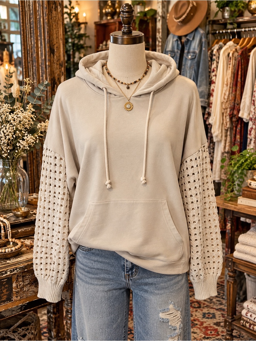 Time and Tru Cream Knit-Sleeve Hooded Pullover